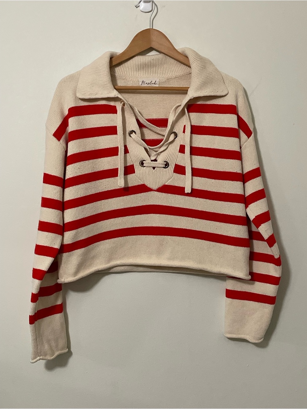 Marled Striped Lace Up Collared Crop Knit Sweater Red Cream Medium